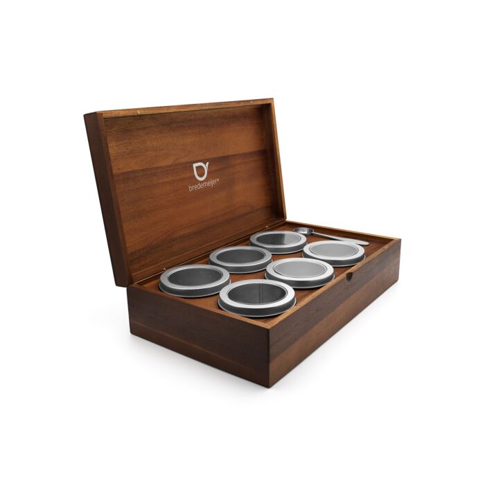 bredemeijer Tea box with 6 round canisters and tea measuring spoon acacia