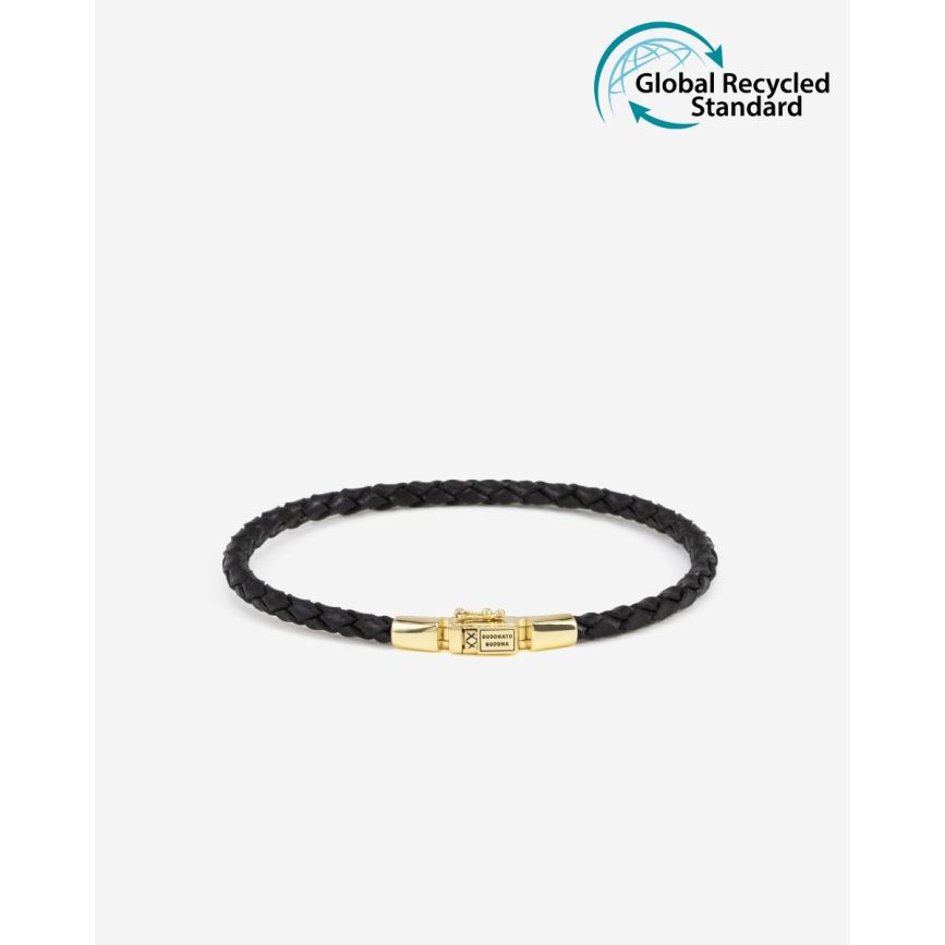buddha to buddha George Mini Leren Armband Zwart Verguld Zilver