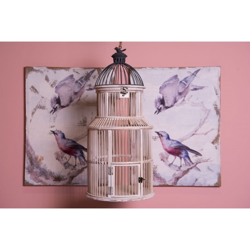 Clayre & Eef 5H0490 Vogelkooi Decoratie Ø 36x78 Cm Wit Hout Rond Decoratie Vogelkooi