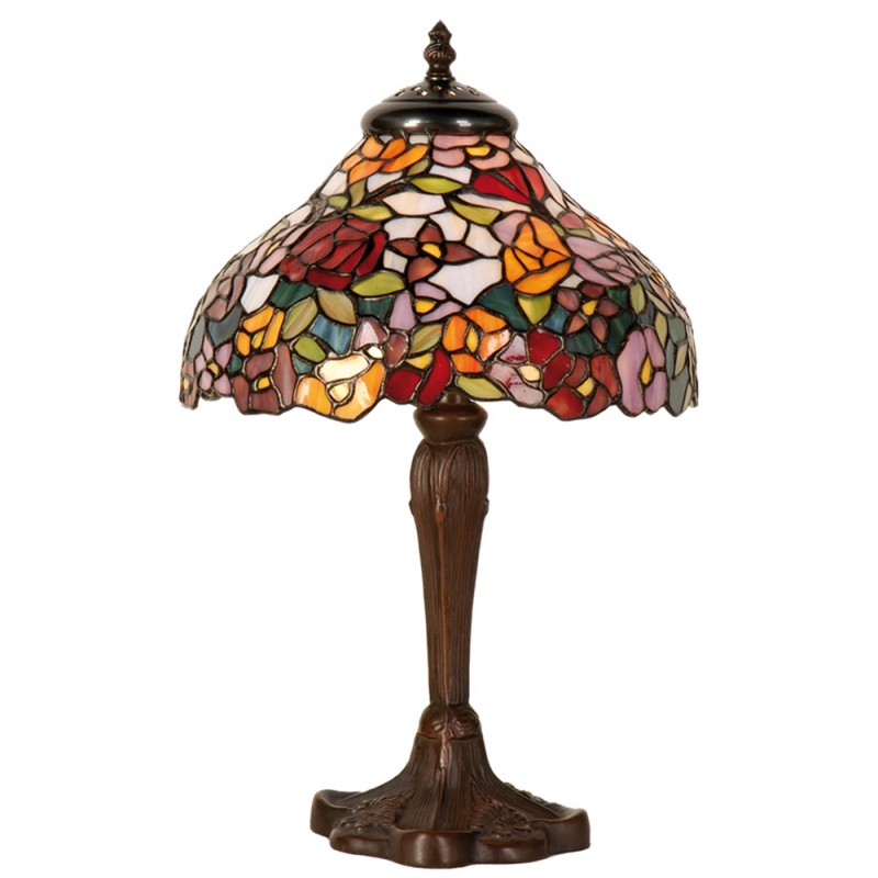 clayre & eef 5LL-1130 Tiffany Tafellamp Ø 26x40 cm Bruin Rood Glas Bloemen Tiffany Bureaulamp