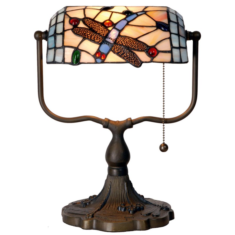clayre & eef 5LL-1144 Tiffany Tafellamp 27x20x36 cm Blauw Bruin Metaal Vlinder Tiffany Bureaulamp