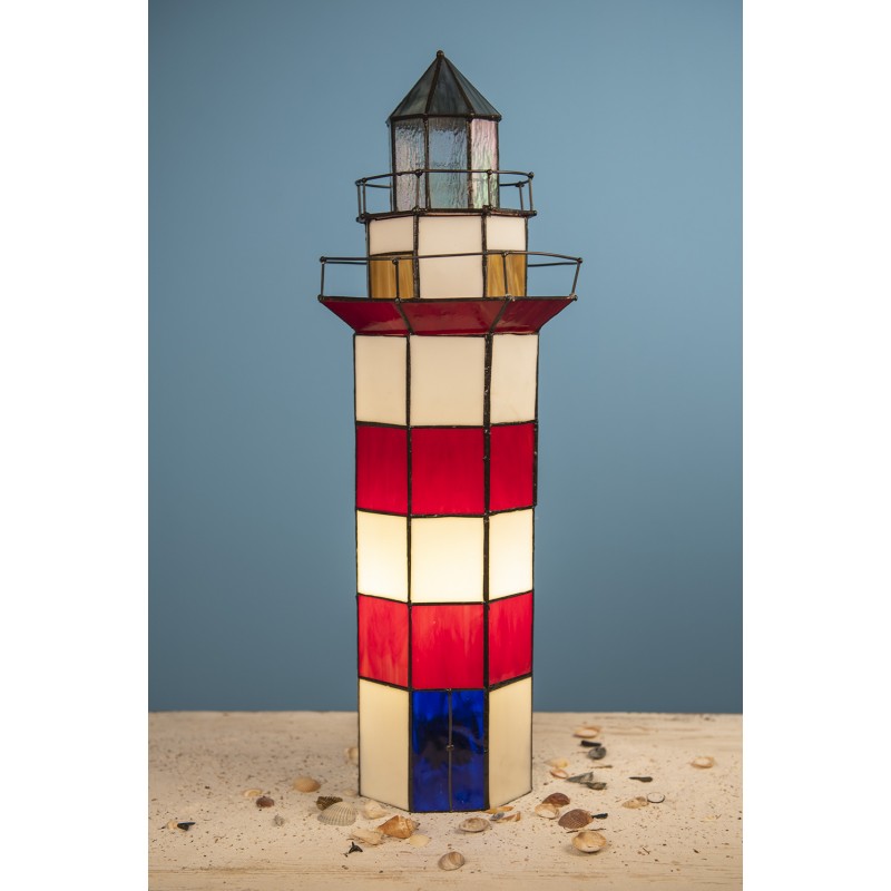 Clayre & Eef 5LL-1166 Tiffany Tafellamp Vuurtoren 21x56 Cm Rood Wit Glas Zeshoek Tiffany Lampen