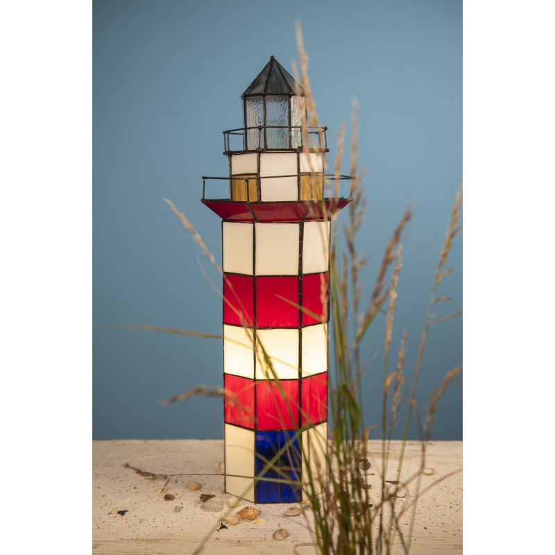 Clayre & Eef 5LL-1166 Tiffany Tafellamp Vuurtoren 21x56 Cm Rood Wit Glas Zeshoek Tiffany Lampen