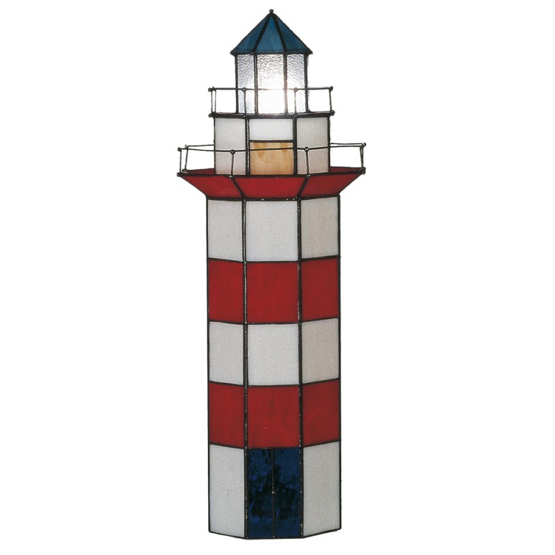 clayre & eef 5LL-1166 Tiffany Tafellamp Vuurtoren 21x56 cm Rood Wit Glas Zeshoek Tiffany Lampen
