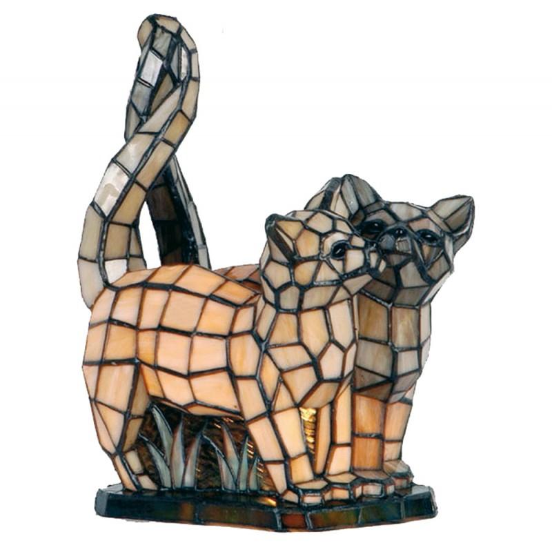 clayre & eef 5LL-1187 Tiffany Tafellamp Katten 27x18x35 cm Beige Grijs Glas Tiffany Lampen