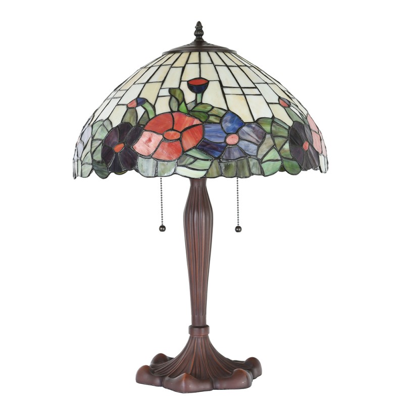 Clayre & Eef 5LL-1201 Tiffany Tafellamp Ø 42x60 Cm Beige Rood Glas Bloemen Rond Tiffany Bureaulamp