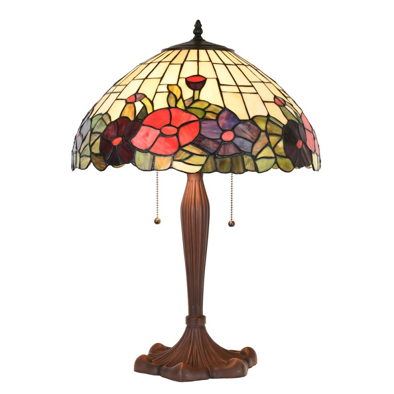 clayre & eef 5LL-1201 Tiffany Tafellamp Ø 42x60 cm Beige Rood Glas Bloemen Rond Tiffany Bureaulamp