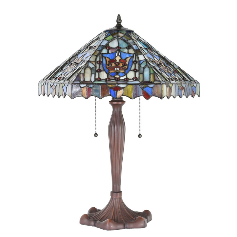 Clayre & Eef 5LL-1206 Tiffany Tafellamp Ø 47x60 Cm Beige Blauw Glas Rond Tiffany Bureaulamp