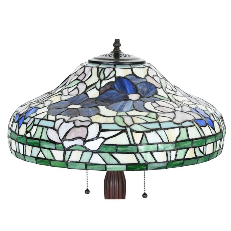 Clayre & Eef 5LL-1207 Tiffany Tafellamp Ø 46x60 Cm Beige Groen Glas Bloemen Rond Tiffany Bureaulamp