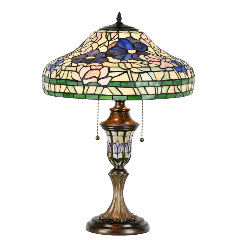 clayre & eef 5LL-1207 Tiffany Tafellamp Ø 46x60 cm Beige Groen Glas Bloemen Rond Tiffany Bureaulamp