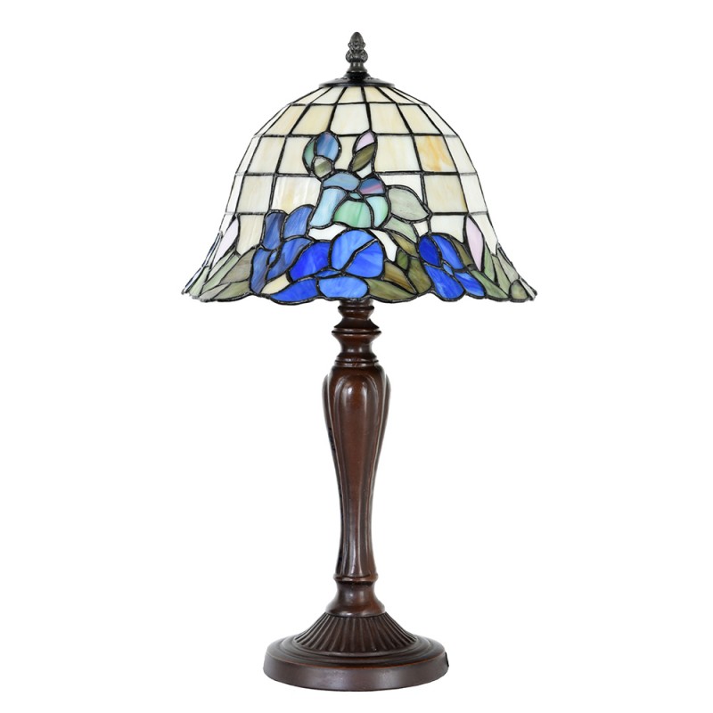 Clayre & Eef 5LL-1211 Tiffany Tafellamp Ø 29x53 Cm Blauw Beige Glas Bloemen Rond Tiffany Bureaulamp