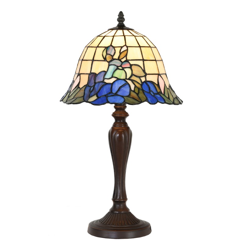 clayre & eef 5LL-1211 Tiffany Tafellamp Ø 29x53 cm Blauw Beige Glas Bloemen Rond Tiffany Bureaulamp