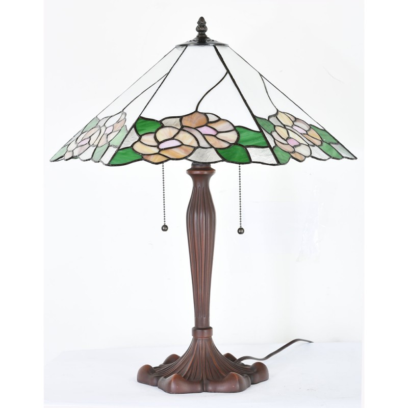 Clayre & Eef 5LL-1213 Tiffany Tafellamp 44x61x64 Cm Wit Groen Glas Bloemen Rond Tiffany Bureaulamp