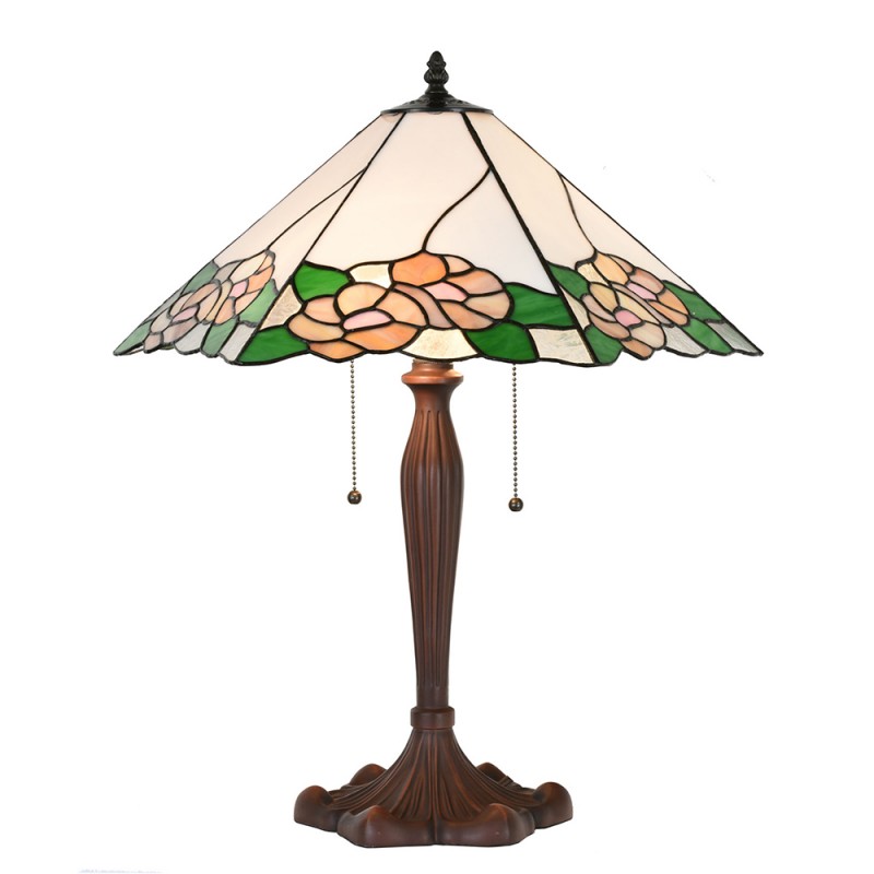 clayre & eef 5LL-1213 Tiffany Tafellamp 44x61x64 cm Wit Groen Glas Bloemen Rond Tiffany Bureaulamp