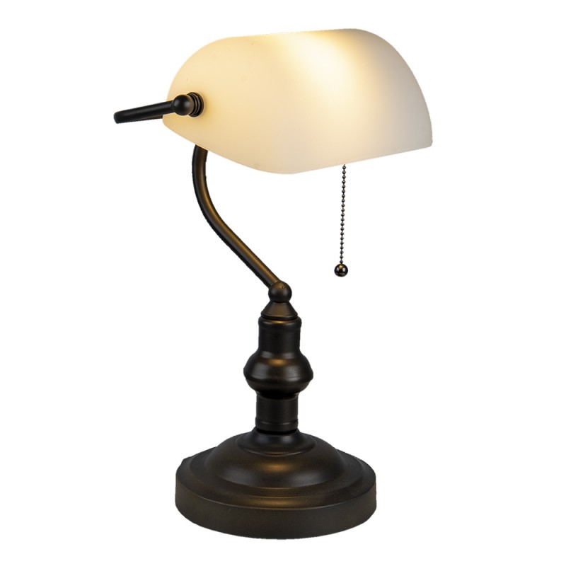 Clayre & Eef 5LL-5125W Bureaulamp Bankierslamp Ø 27x40 Cm Wit Bruin Metaal Rechthoek Tafellamp