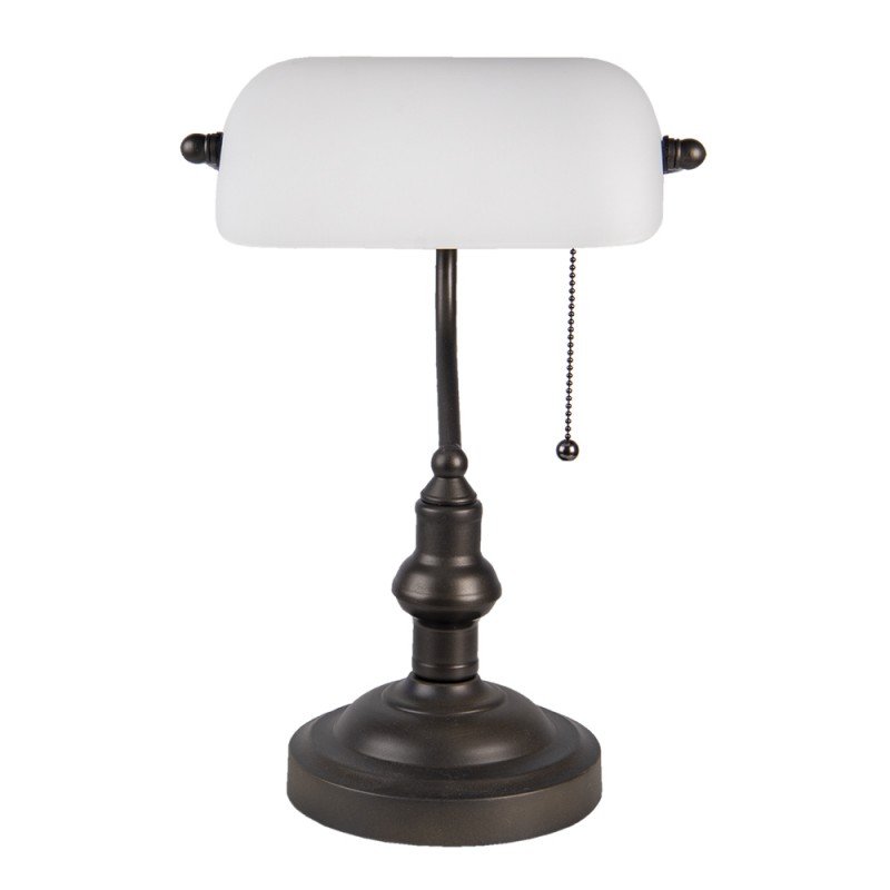 Clayre & Eef 5LL-5125W Bureaulamp Bankierslamp Ø 27x40 Cm Wit Bruin Metaal Rechthoek Tafellamp
