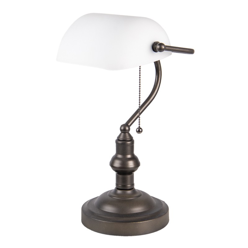 Clayre & Eef 5LL-5125W Bureaulamp Bankierslamp Ø 27x40 Cm Wit Bruin Metaal Rechthoek Tafellamp