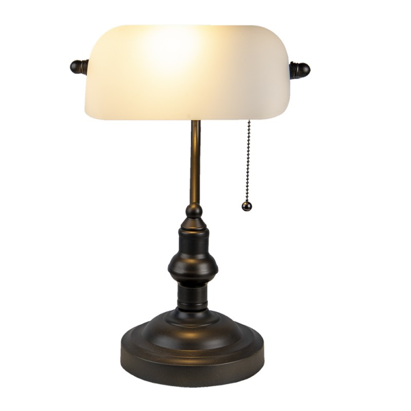 clayre & eef 5LL-5125W Bureaulamp Bankierslamp Ø 27x40 cm Wit Bruin Metaal Rechthoek Tafellamp