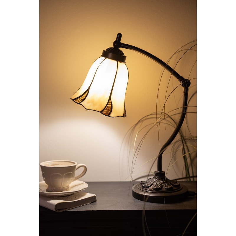 Clayre & Eef 5LL-5130 Tiffany Tafellamp Ø 15x46 Cm Beige Bruin Glas Tiffany Bureaulamp