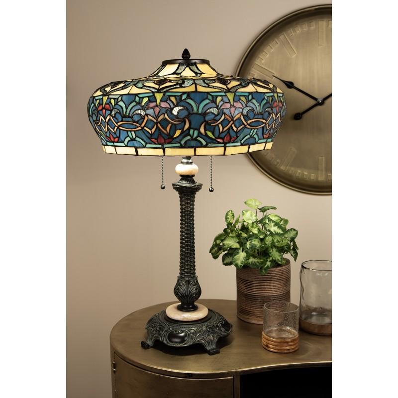 Clayre & Eef 5LL-5290 Tiffany Tafellamp Ø 47x71 Cm Blauw Glas Rechthoek Tiffany Bureaulamp