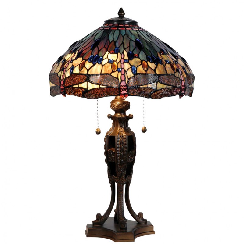 clayre & eef 5LL-5296 Tiffany Tafellamp Ø 42x64 cm Blauw Bruin Glas Libelle Driehoek Tiffany Bureaulamp