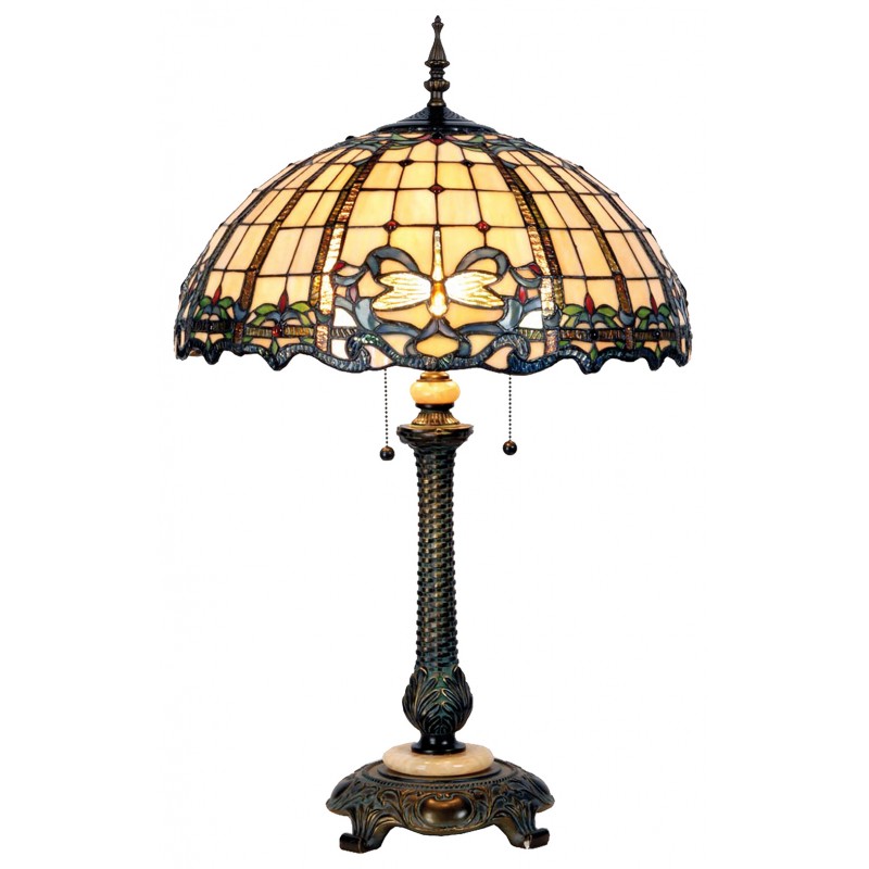 clayre & eef 5LL-5298 Tiffany Tafellamp Ø 50x80 cm Beige Blauw Glas Libelle Halfrond Tiffany Bureaulamp
