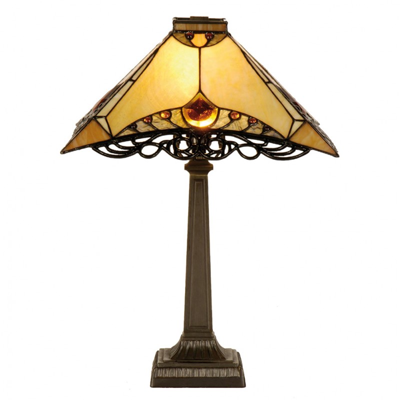 clayre & eef 5LL-5313 Tiffany Tafellamp 36x36x50 cm Bruin Beige Glas Driehoek Tiffany Bureaulamp