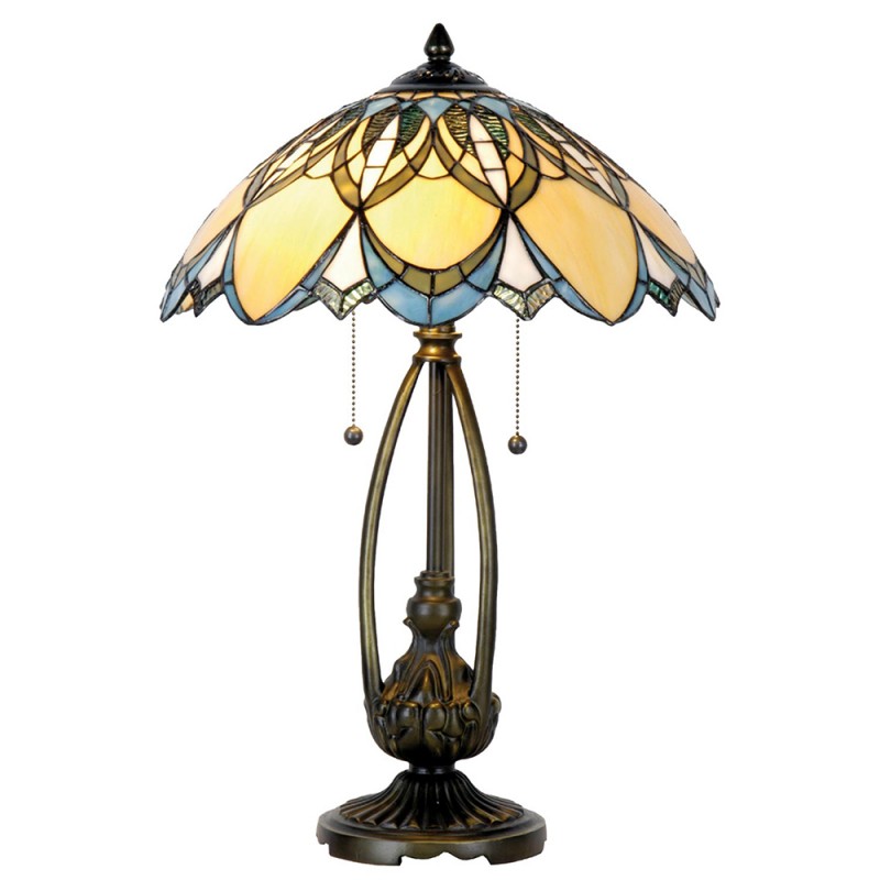 clayre & eef 5LL-5320 Tiffany Tafellamp Ø 40x60 cm Blauw Beige Glas Driehoek Tiffany Bureaulamp