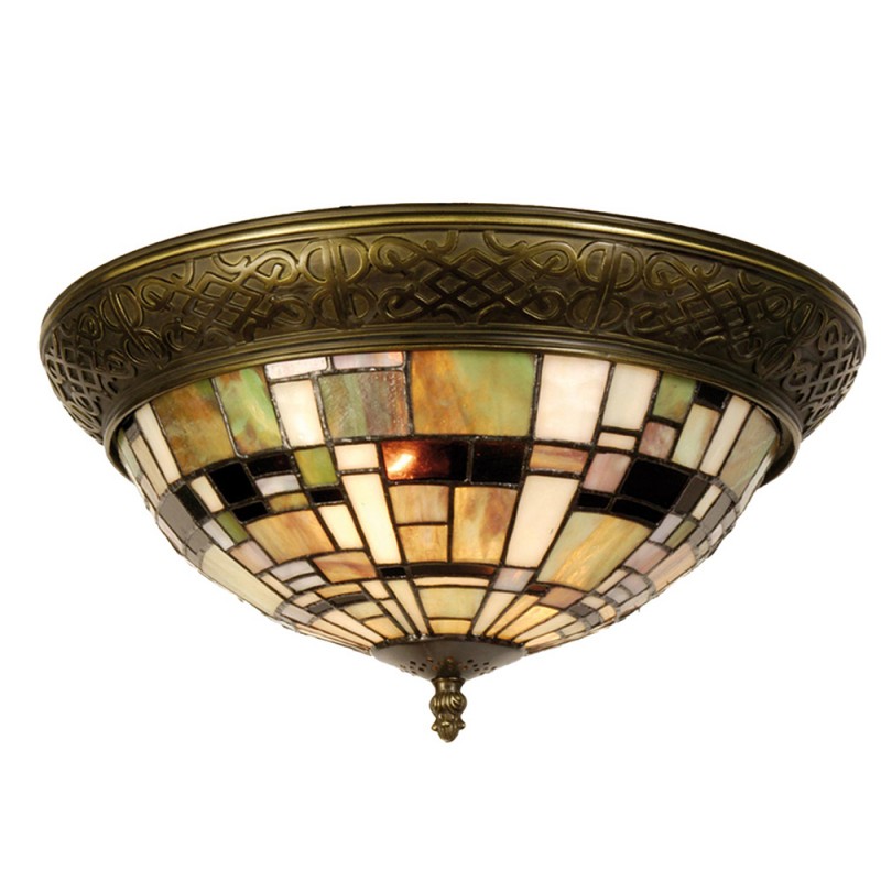 clayre & eef 5LL-5348 Plafondlamp Tiffany Ø 38x19 cm Groen Bruin Kunststof Driehoek Plafonniere