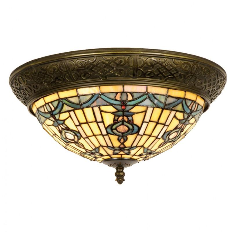 clayre & eef 5LL-5351 Plafondlamp Tiffany Ø 38x19 cm Beige Blauw Glas Driehoek Plafonniere