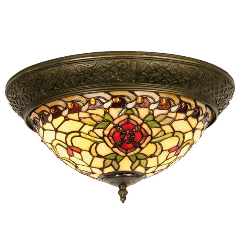 clayre & eef 5LL-5356 Plafondlamp Tiffany Ø 38x19 cm Rood Groen Glas Roos Driehoek Plafonniere