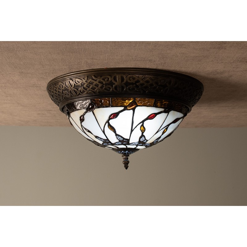 Clayre & Eef 5LL-5363 Plafondlamp Tiffany Ø 38x19 Cm Beige Bruin Glas Vlinder Driehoek Plafonniere