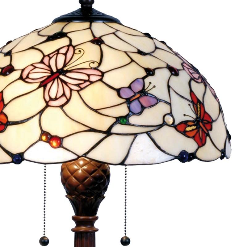 Clayre & Eef 5LL-5365 Tiffany Tafellamp Ø 41x60 Cm Beige Paars Glas Vlinder Halfrond Tiffany Bureaulamp