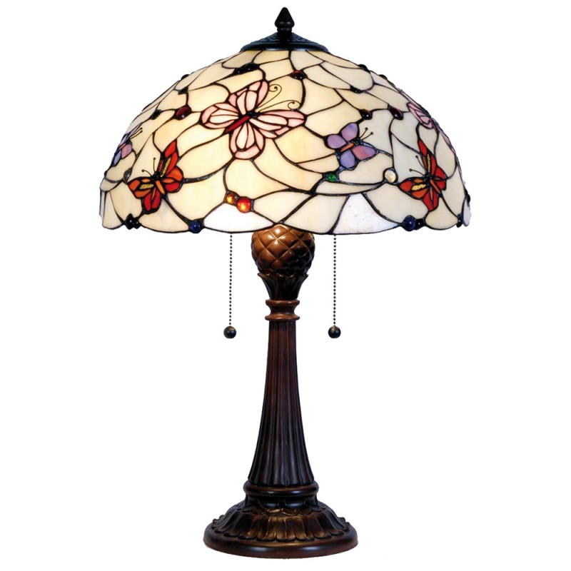 clayre & eef 5LL-5365 Tiffany Tafellamp Ø 41x60 cm Beige Paars Glas Vlinder Halfrond Tiffany Bureaulamp