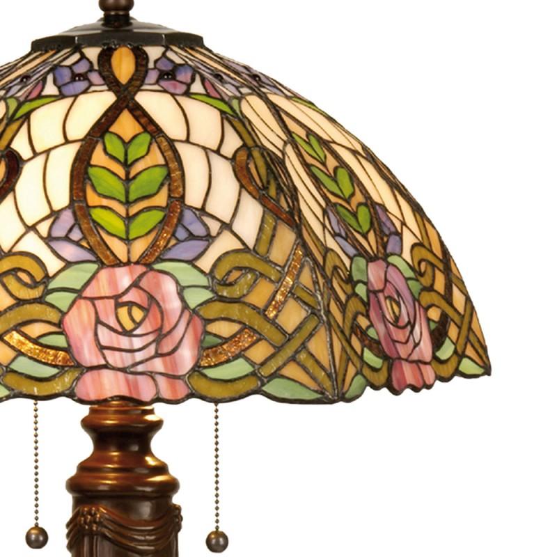 Clayre & Eef 5LL-5370 Tiffany Tafellamp Ø 47x61 Cm Groen Roze Glas Roos Halfrond Tiffany Bureaulamp