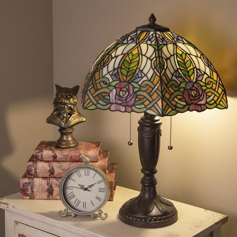 Clayre & Eef 5LL-5370 Tiffany Tafellamp Ø 47x61 Cm Groen Roze Glas Roos Halfrond Tiffany Bureaulamp