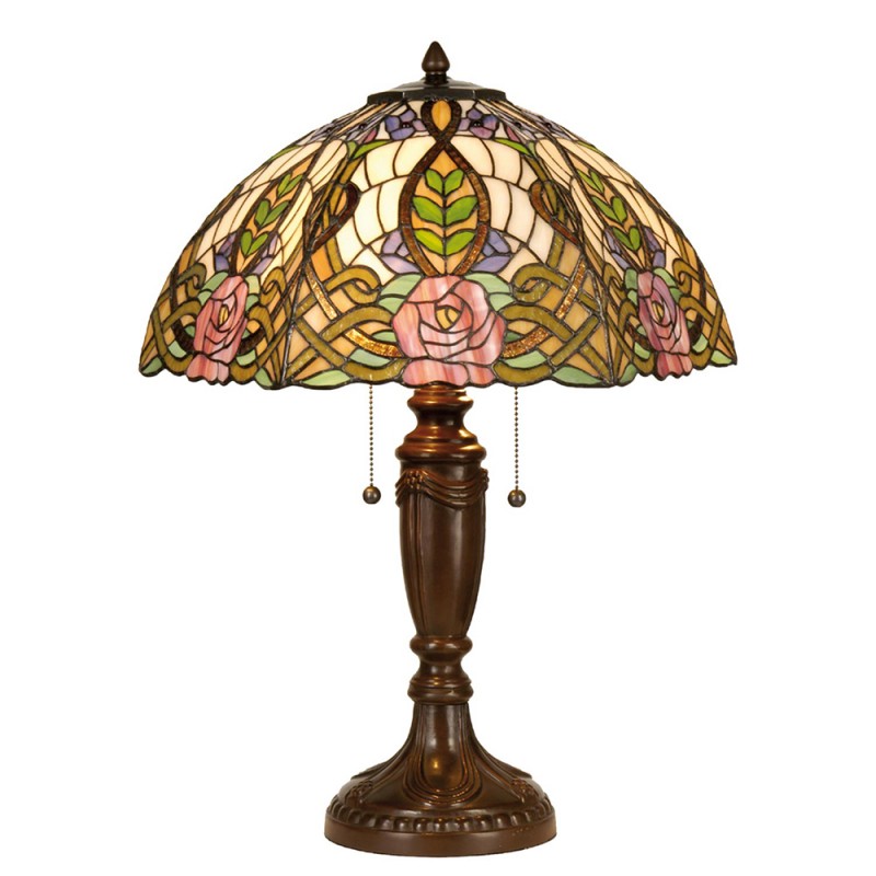 clayre & eef 5LL-5370 Tiffany Tafellamp Ø 47x61 cm Groen Roze Glas Roos Halfrond Tiffany Bureaulamp