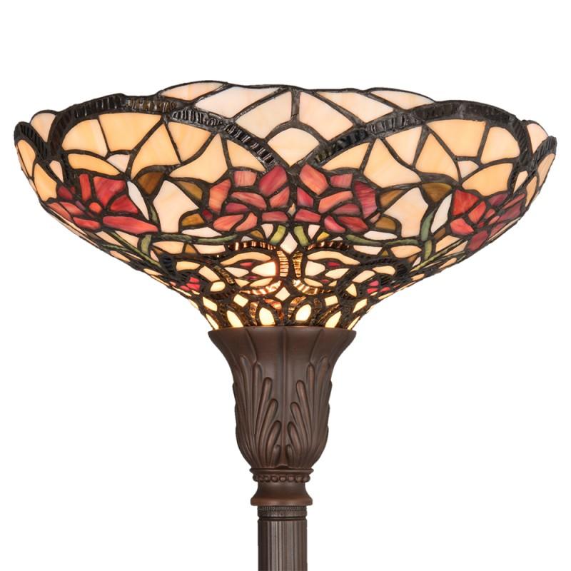 Clayre & Eef 5LL-5372 Tiffany Vloerlamp Ø 35x180 Cm Beige Rood Glas Bloemen Driehoek Staande Lamp