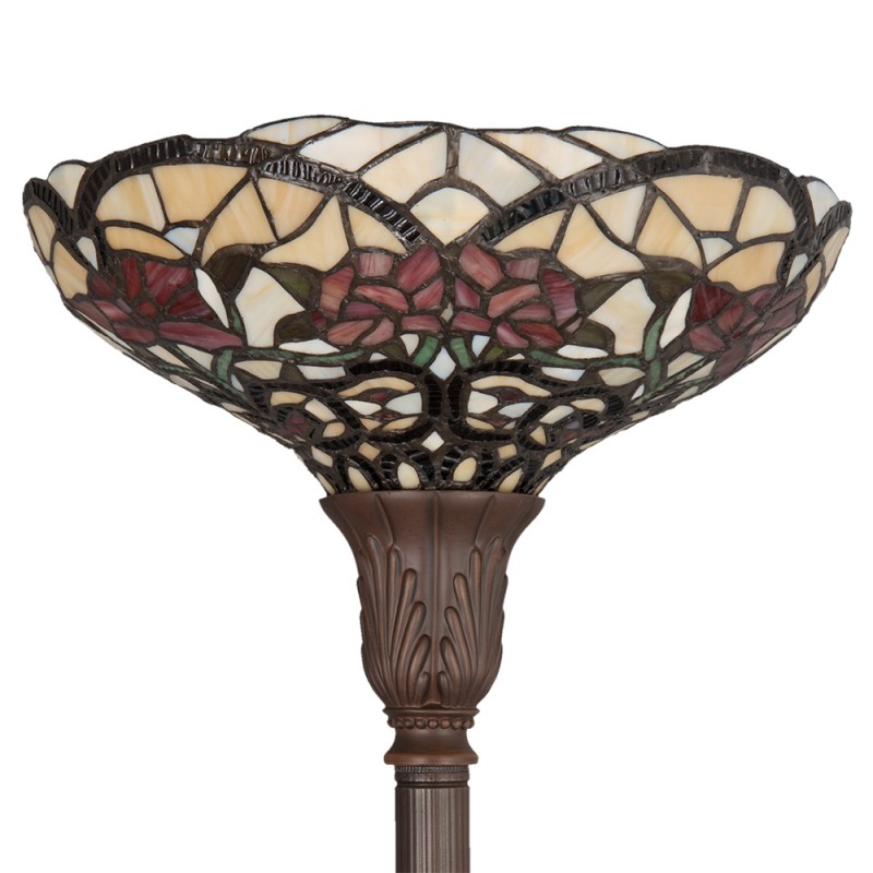 Clayre & Eef 5LL-5372 Tiffany Vloerlamp Ø 35x180 Cm Beige Rood Glas Bloemen Driehoek Staande Lamp