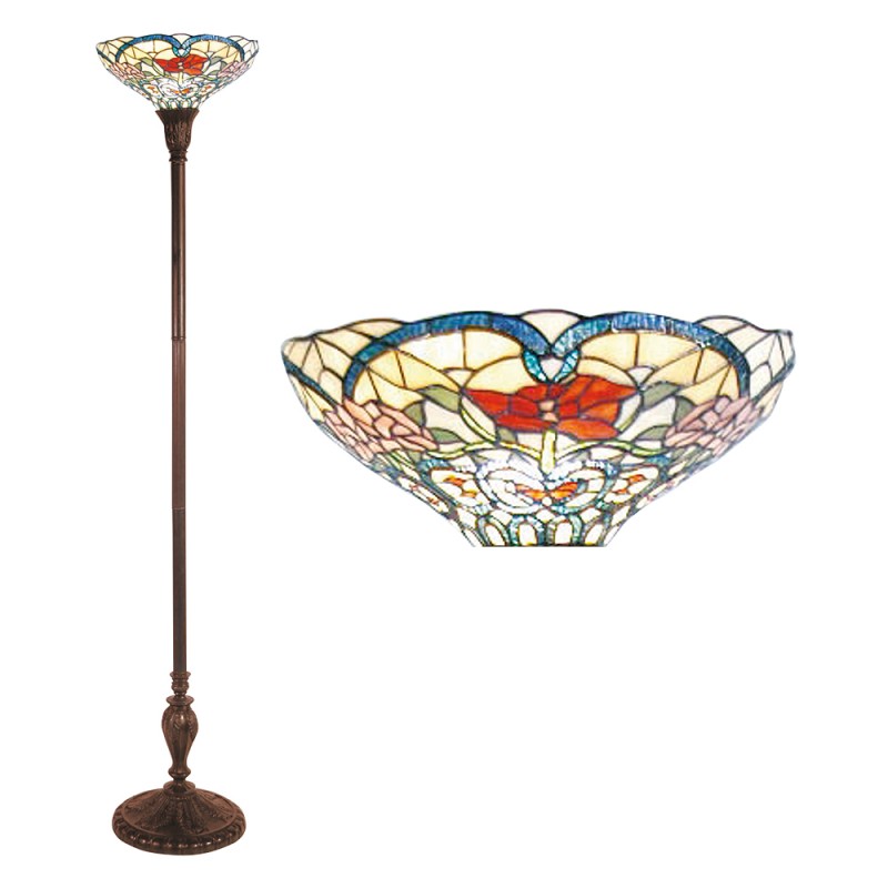 clayre & eef 5LL-5372 Tiffany Vloerlamp Ø 35x180 cm Beige Rood Glas Bloemen Driehoek Staande Lamp