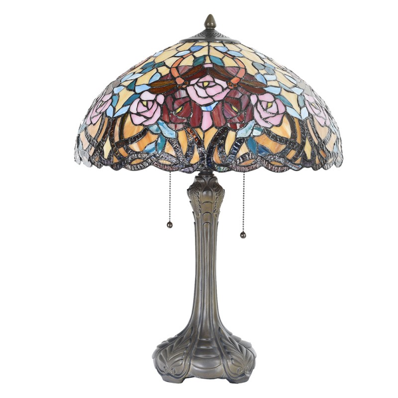 Clayre & Eef 5LL-5389 Tiffany Tafellamp Ø 46x64 Cm Rood Blauw Glas Roos Halfrond Tiffany Bureaulamp