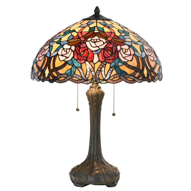 clayre & eef 5LL-5389 Tiffany Tafellamp Ø 46x64 cm Rood Blauw Glas Roos Halfrond Tiffany Bureaulamp