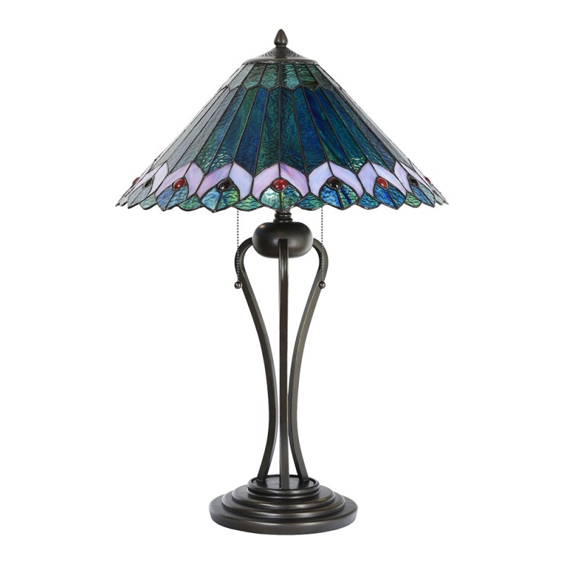 Clayre & Eef 5LL-5391 Tiffany Tafellamp Ø 48x73 Cm Groen Roze Glas Driehoek Tiffany Bureaulamp