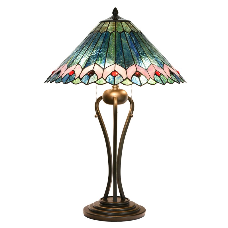 clayre & eef 5LL-5391 Tiffany Tafellamp Ø 48x73 cm Groen Roze Glas Driehoek Tiffany Bureaulamp