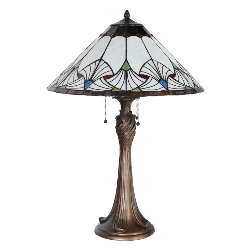 Clayre & Eef 5LL-5394 Tiffany Tafellamp Ø 51x78 Cm Beige Blauw Glas Driehoek Tiffany Bureaulamp