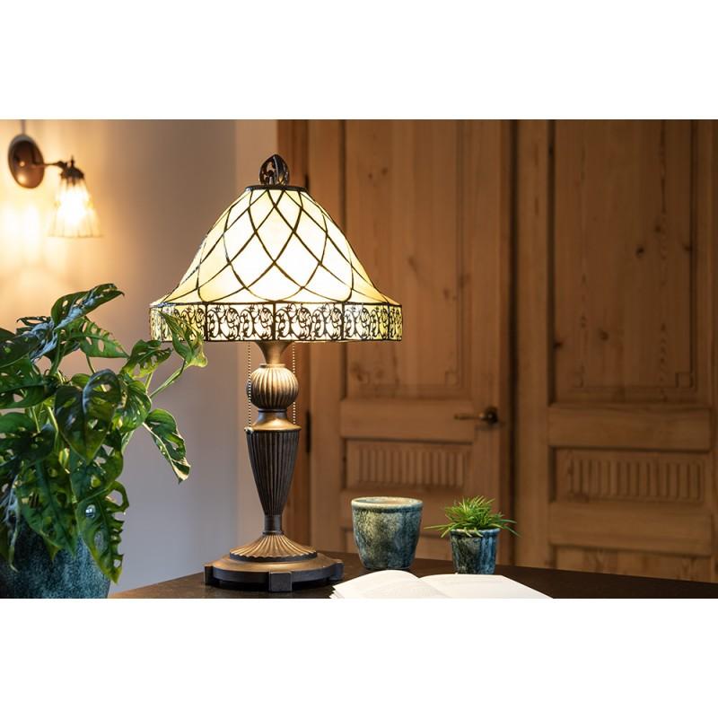 Clayre & Eef 5LL-5408 Tiffany Tafellamp Ø 36x62 Cm Beige Bruin Glas Driehoek Tiffany Bureaulamp