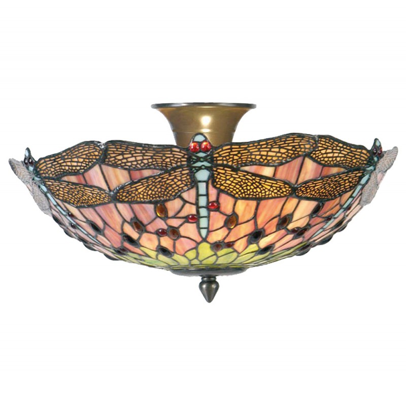 clayre & eef 5LL-5415 Plafondlamp Tiffany Ø 40x23 cm Roze Metaal Libelle Halfrond Plafonniere