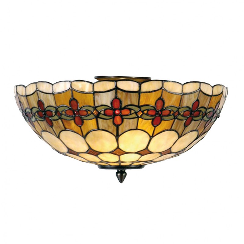 clayre & eef 5LL-5416 Plafondlamp Tiffany Ø 40x24 cm Beige Rood Metaal Roos Halfrond Plafonniere
