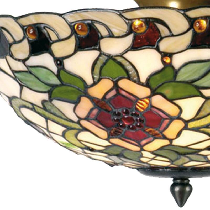 Clayre & Eef 5LL-5419 Plafondlamp Tiffany Ø 40x25 Cm Groen Rood Metaal Roos Halfrond Plafonniere