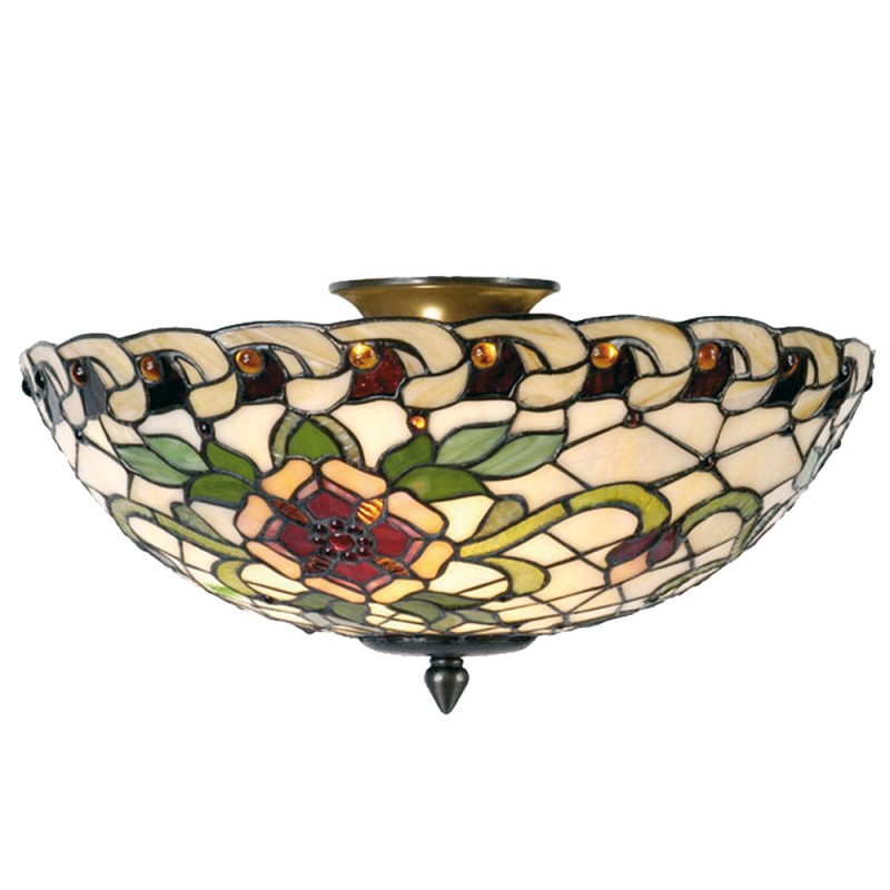 Clayre & Eef 5LL-5419 Plafondlamp Tiffany Ø 40x25 Cm Groen Rood Metaal Roos Halfrond Plafonniere